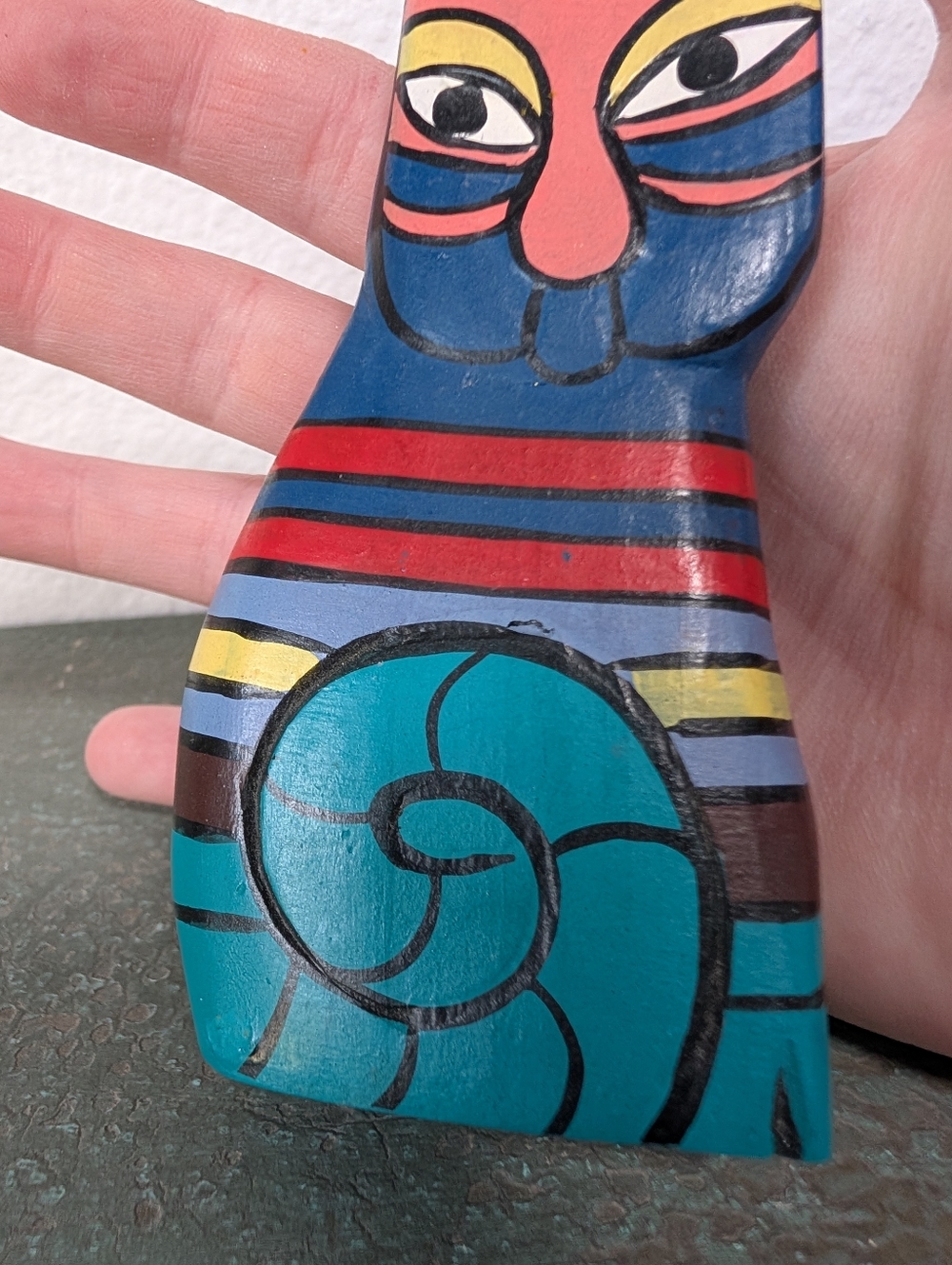 Vintage Laurel Burch Style Hand Painted & Carved Wood Colorful Cat Sculpture - Picture 3 of 7